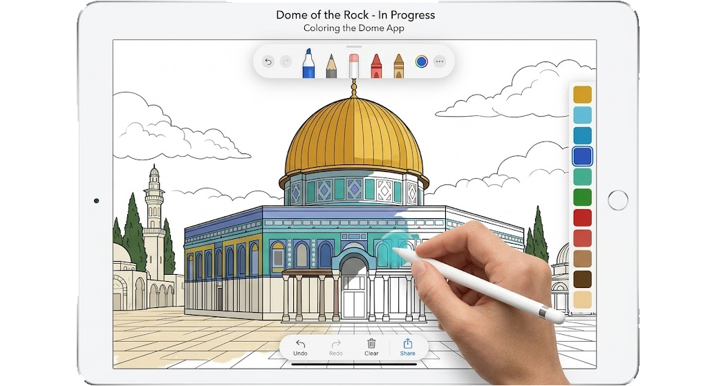 Rawdah on iPad: a child coloring the Dome of the Rock with Apple Pencil — gold dome and teal-and-blue building, with brush tools and a color palette.