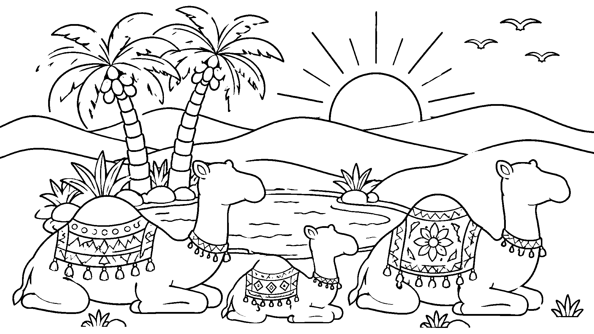 Desert camels line art